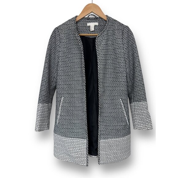 Size 6 Black & White Patterned‎ Open Front Long Jacket w/Pockets Blazer Tweed - Picture 2 of 9